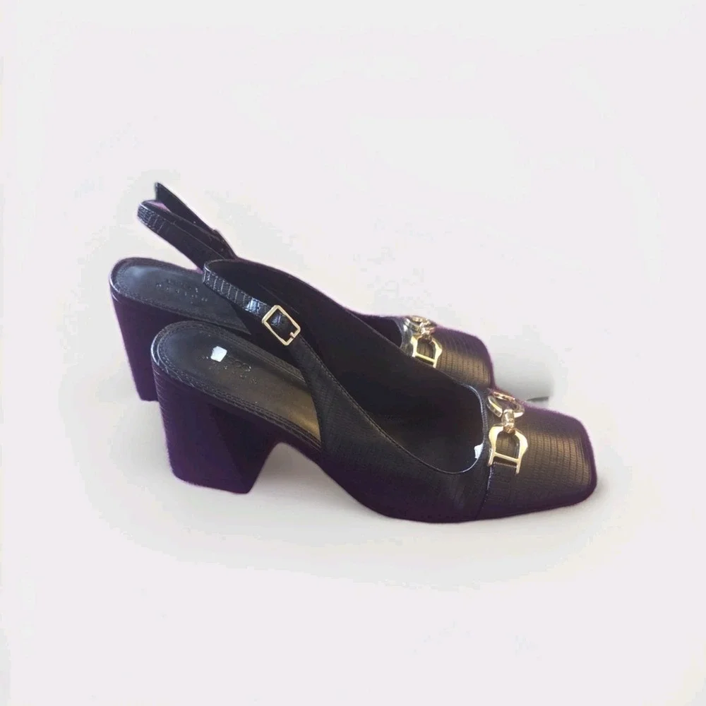 ASOS Design Black Lizard Slingback Block Heels Horsebit Square‎ Toe Size 12